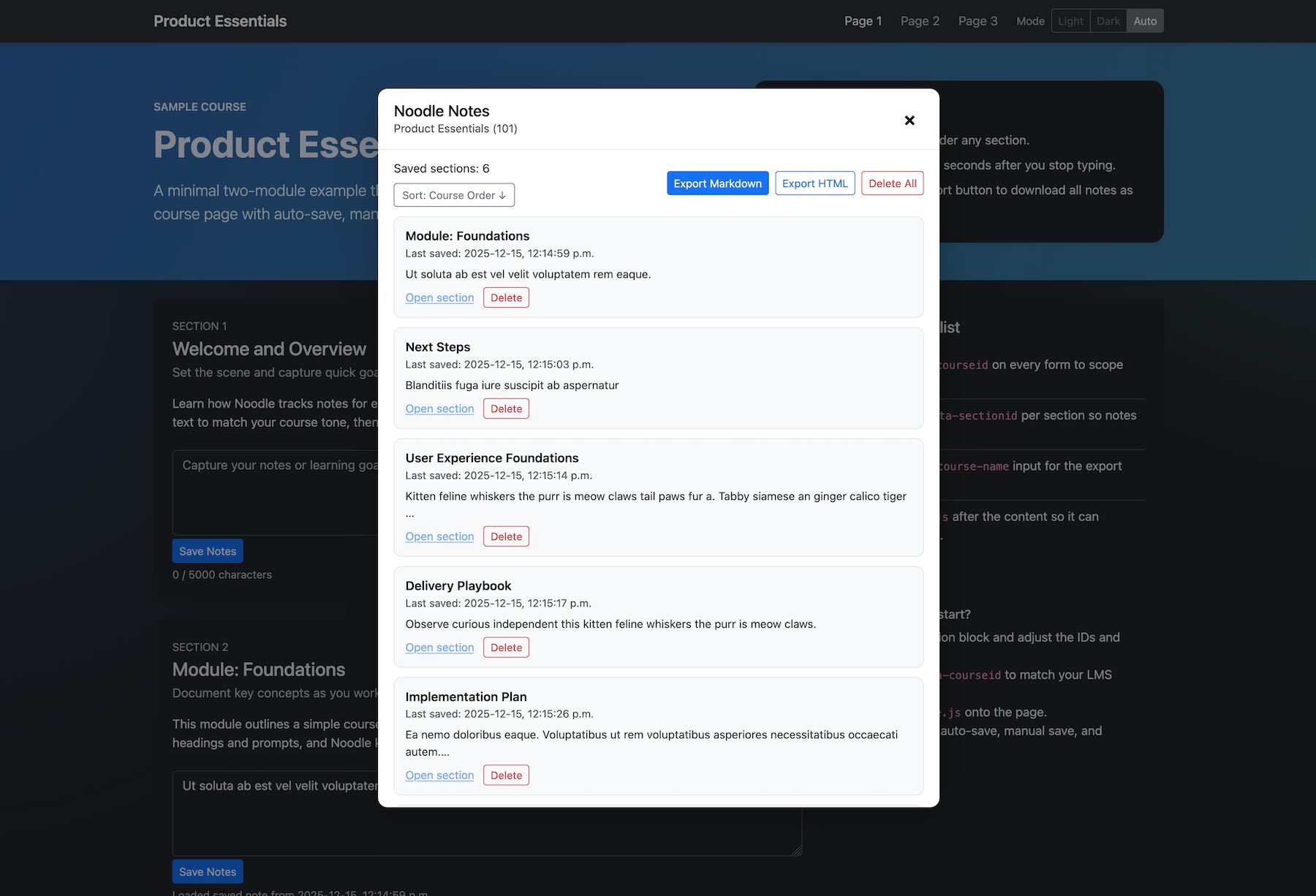 Noodle Notes modal showing saved course sections with export options for Markdown, HTML, and Word, sorting controls, and individual section management
